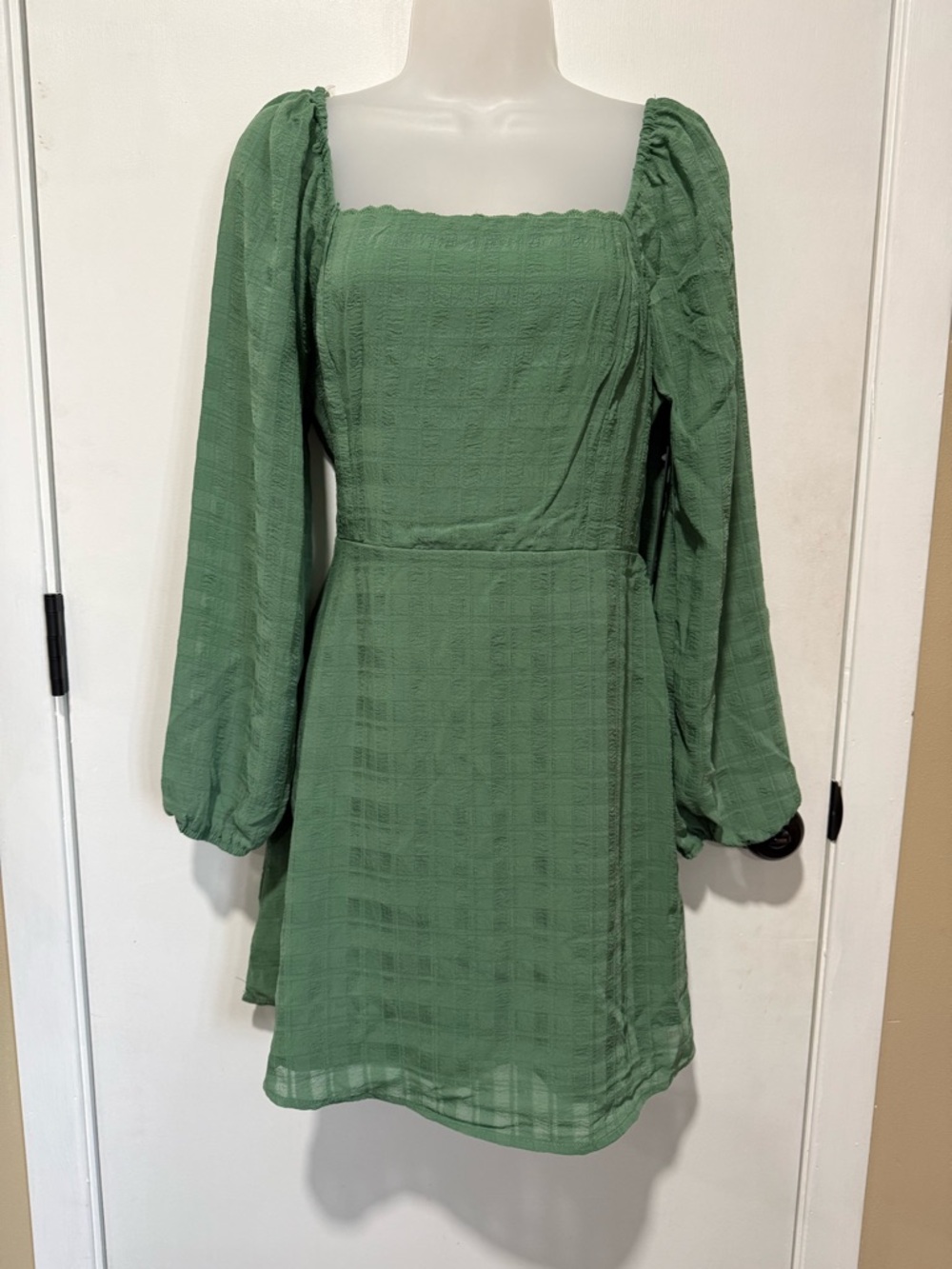 As U Wish Sage Green Long-Sleeve Square Neck Mini Dress-#1294